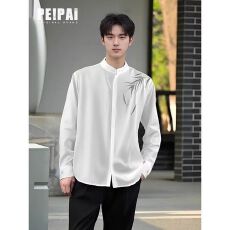 2026新款刺绣竹叶长袖衬衫新中式二罗男潮流立领衬衣休闲百搭上衣