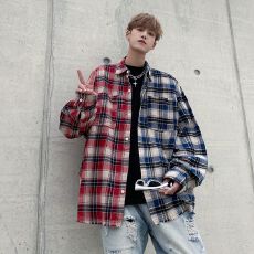 2026美式复古休闲宽松春秋拼接撞色格子毛边长袖格纹衬衫衬衣男女