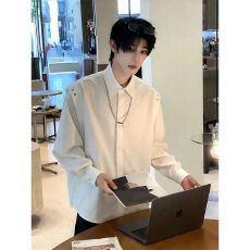 批发配项链衬衫2026新款<b class='q'>春</b>夏高级感翻领衬衣简约单排扣长袖男装上衣