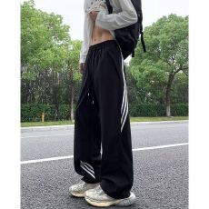 2026新款立体裤头条纹潮流街区弯刀裤男夏速干卫裤直筒宽松休闲裤