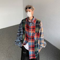 拼接衬衫2026新款春夏季宽松撞色拼接格子宽松休闲长袖衬衣外套