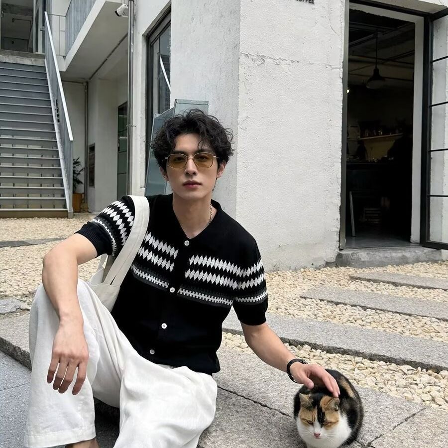 여름 클래식 스트라이프 배색 반팔 POLO 셔츠 남성 폴로 칼라 비즈니스 캐주얼 통기성 니트 카디건 코트 트렌디