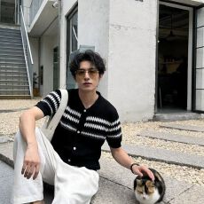 批发夏季经典条纹撞色短袖POLO衫男士翻领商务休闲透气针织开衫外套潮