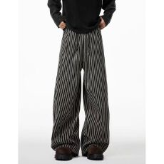 批发2026新款夏<b class='q'>美式</b>复古条纹阔腿<b class='q'>休闲</b>裤女男新款慵懒风垂感直筒拖地裤