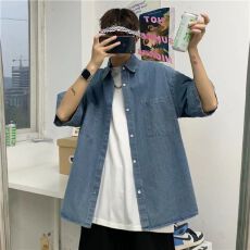 美式国潮高街高级感小众牛仔短袖衬衫男女夏季潮牌宽松水洗外套潮