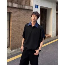 批发<b class='q'>夏季</b>短袖polo衫男美式潮牌宽松翻领带领t恤纯色简约流行休闲上衣