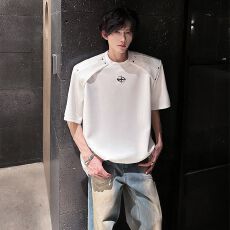 2026新款重磅夏季带垫肩美式高街短袖T恤男解构半袖体恤潮