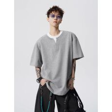 、2026新款重磅夏季假两件拼接短袖T恤男潮牌街头宽松半袖