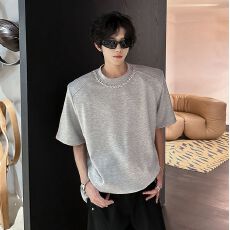 2026新款重磅链子装饰垫肩T恤男高级感正肩重磅上衣t恤