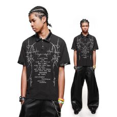 2026新款夏美式街头荆棘印花皮拼接短袖POLO衫男设计感华夫格老钱