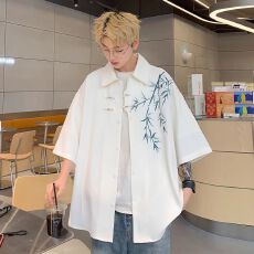 2026新款新中式国风刺绣短袖衬衫情侣新款夏季上衣衬衣男女外套