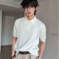 批发2026新款咖啡色坑条翻领短袖针织衫上衣男复古休闲百搭polo衫t恤