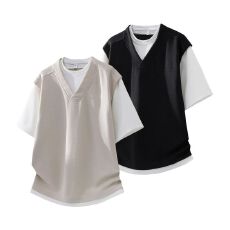 批发2026小华夫格假两件短袖<b class='q'>t</b><b class='q'>恤</b>男女夏季青少年休闲运动体恤上衣潮