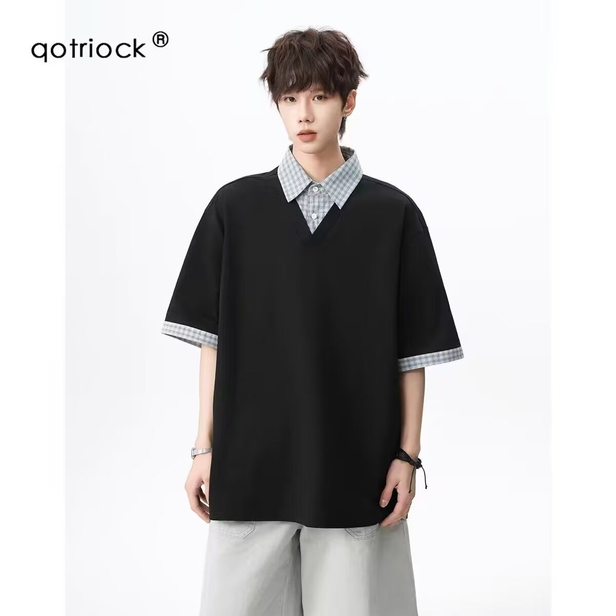 2026 새로운 페이크 레이어드 패치워크 POLO 셔츠 하운드투스 체크 반팔 남녀 여름 긍정적 인 어깨 티셔츠 무거운 반소매