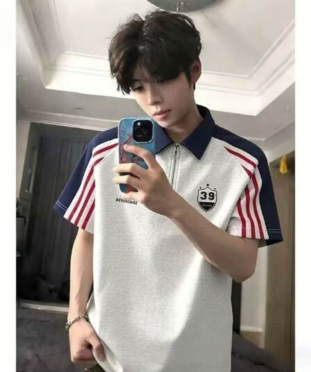 2026 여름 배색 패치워크 plol 셔츠 반팔 하프 지퍼 폴로 칼라 티셔츠 커플 루즈핏 캐주얼 반소매 맨위