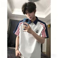 批发2026<b class='q'>夏</b>季撞色拼接plol衫短袖半拉链翻领t恤情侣宽松休闲半袖上衣