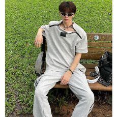 批发2026新款重磅花灰色垫肩拉链t恤短袖男潮牌痞帅<b class='q'>正</b>肩半截袖