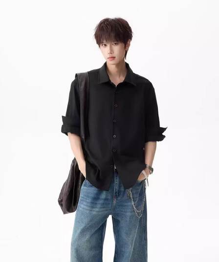 2026 새로운 아마 건방진 녀석 오래된 돈 slim 핏 스타일 롤 슬리브 셔츠 셔츠 남녀 단색 재킷