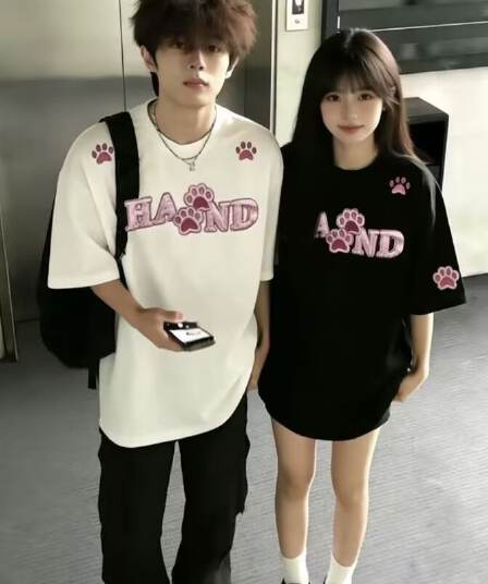 2026 새로운 아메리칸 반팔 티셔츠 여성 루즈핏 순면 자수 티셔츠 커플룩