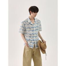 2026新款夏季度假风花色树叶短袖衬衫男士宽松棉麻衬衣外套