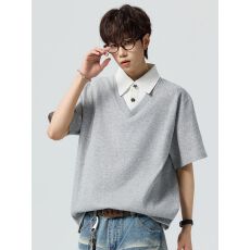 批发2026新款美式假两件短袖T恤男夏季高街潮牌衬衫领半袖休闲上衣
