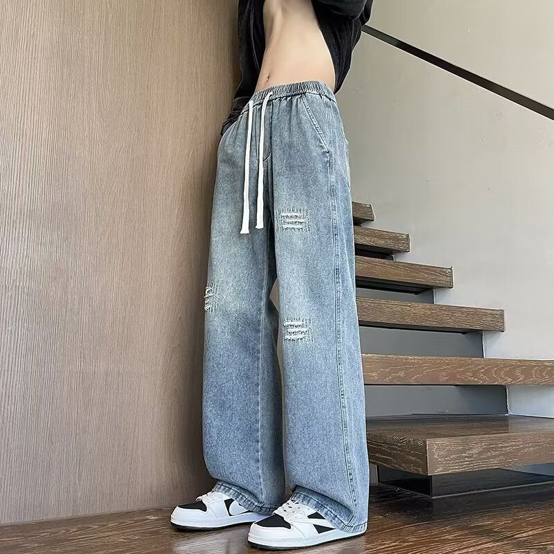 2026 아메리칸 캐주얼 악당 잘 생긴 워싱 레트로 노스탤지어 청바지 남자 스트레이트 루즈핏 펌프 로프 높음 거리 스트레이트 바지