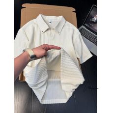 批发肌理感提杏色短袖POLO衫男女款夏季美式街头设计感铆钉翻领T恤ins