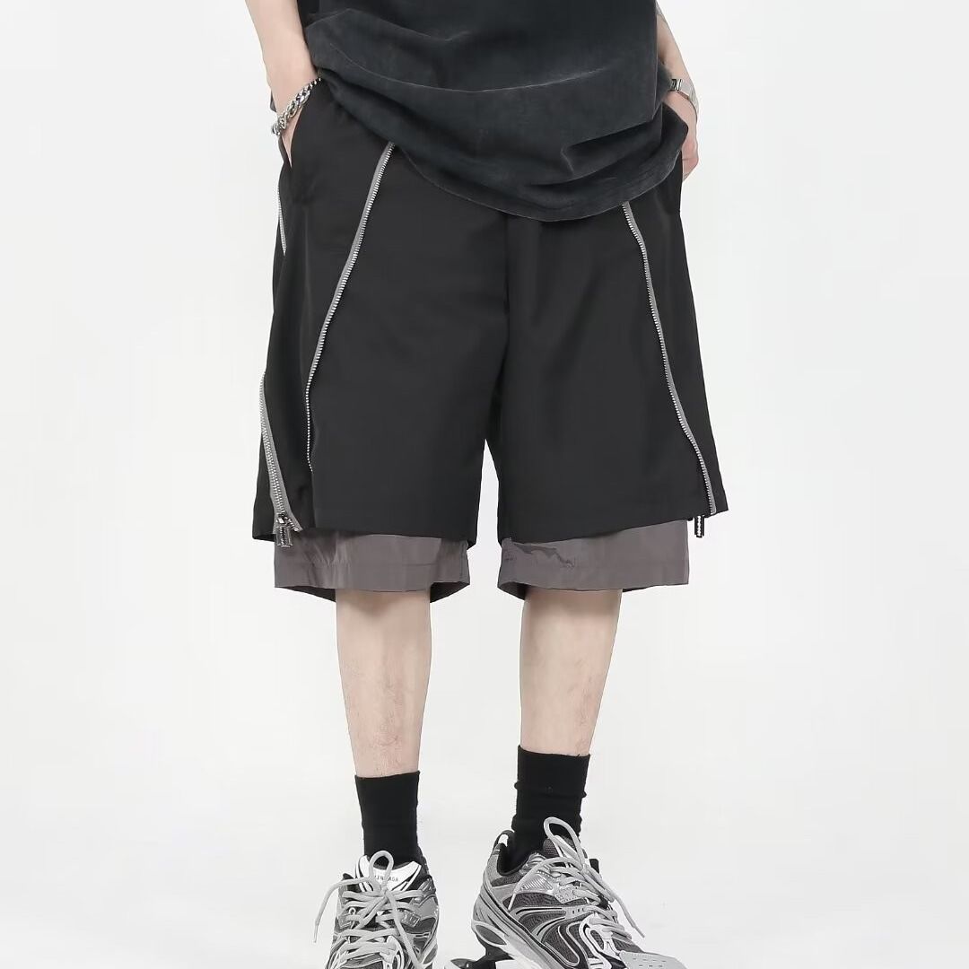 2026 새로운 페이크 레이어드 남자 도로 반바지 여름 루즈핏 스트레이트 캐주얼 5 점 바지 지퍼 요금 바지