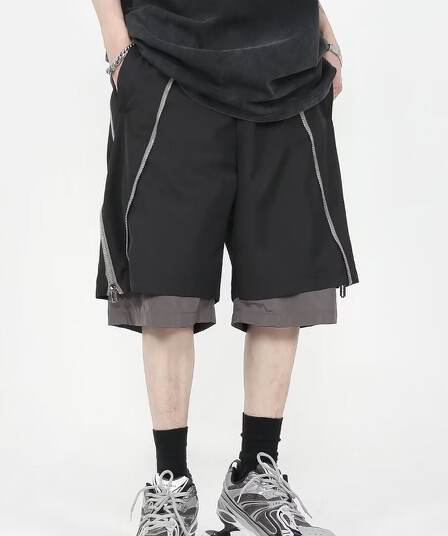 2026 새로운 페이크 레이어드 남자 도로 반바지 여름 루즈핏 스트레이트 캐주얼 5 점 바지 지퍼 요금 바지