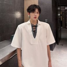 批发2026新款夏季设计师款老钱风重磅撞色<b class='q'>V领</b>编织绳装饰男短袖上衣<b class='q'>T</b><b class='q'>恤</b>
