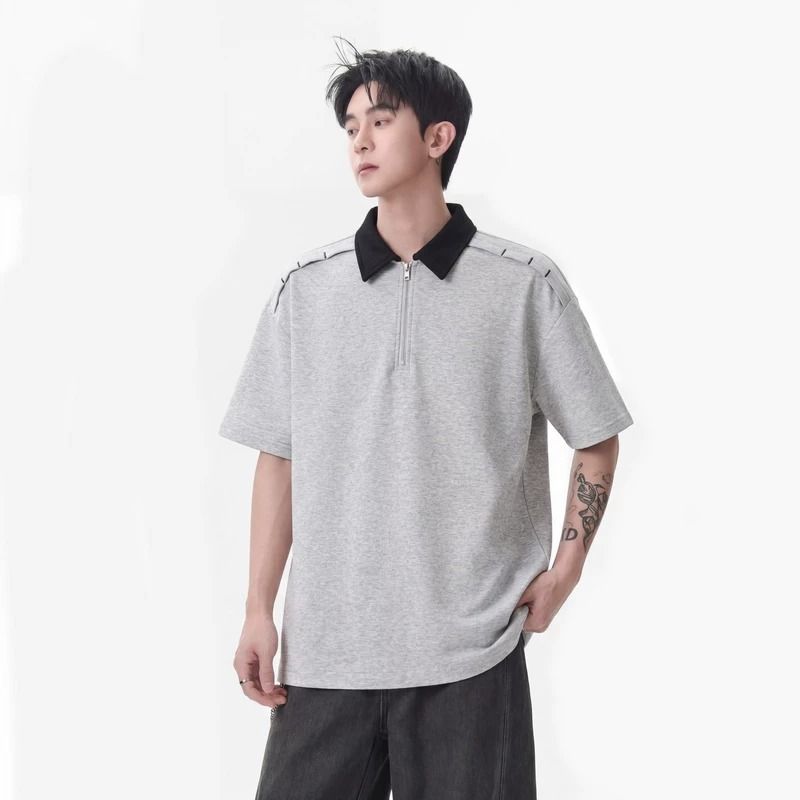아메리칸 국가 트렌디 배색 하프 지퍼 자수 POLO 셔츠 반팔 남성 여름 페이크 레이어드 디자인 센스 긍정적 인 어깨 반소매