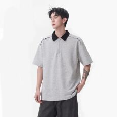 批发美式国<b class='q'>潮</b>撞色半拉链刺绣polo衫短袖男款夏季假两件设计感正肩半袖