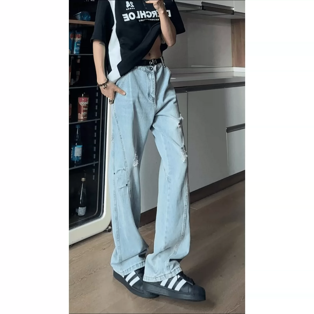 2026 새로운 아메리칸 찢어진 부분 부츠컷 캐주얼 바지 스트레이트 남자 악당 잘 생긴 여름 새로운 모통이 칼 와이드 레그 팬츠