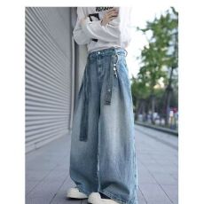 批发2026腰带牛仔裤男春秋夏宽松直筒复古蓝裤子<b class='q'>新款</b>美式高街阔腿裤
