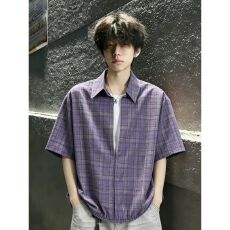 批发2026<b class='q'>新款</b>假两件格子衬衫短袖男夏穿搭美式v领衬衣情侣七分袖外套