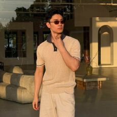 批发2026新款夏季天丝亚麻竖纹撞色针织<b class='q'>POLO</b><b class='q'>衫</b>短袖商务正肩透气T恤