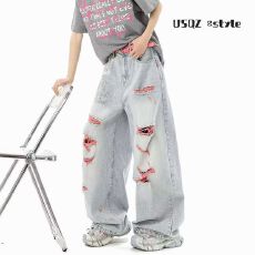 批发2026美式破洞高腰直筒牛仔裤男女<b class='q'>夏</b>季休闲垂感宽松显瘦拖地长裤
