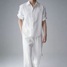 批发2026卷袖不可拆短袖<b class='q'>衬衫</b>男夏季落肩袖冰丝七分袖男修身半袖寸衫
