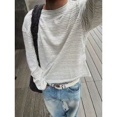 批发2026新款重磅纯棉细条纹长袖t恤男女<b class='q'>春</b>秋圆领宽松上衣