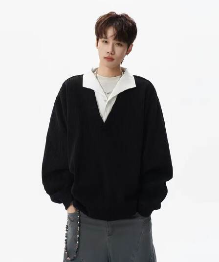 2026 아메리칸 레트로 스트라이프 페이크 레이어드 패치워크 POLO 셔츠 남녀 봄 가을 커플 루즈핏 긴팔 맨위