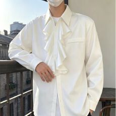 批发2026新款雪纺衬衫男荷叶边春<b class='q'>秋</b>季法式洋气打底小衫高级感宽松上衣