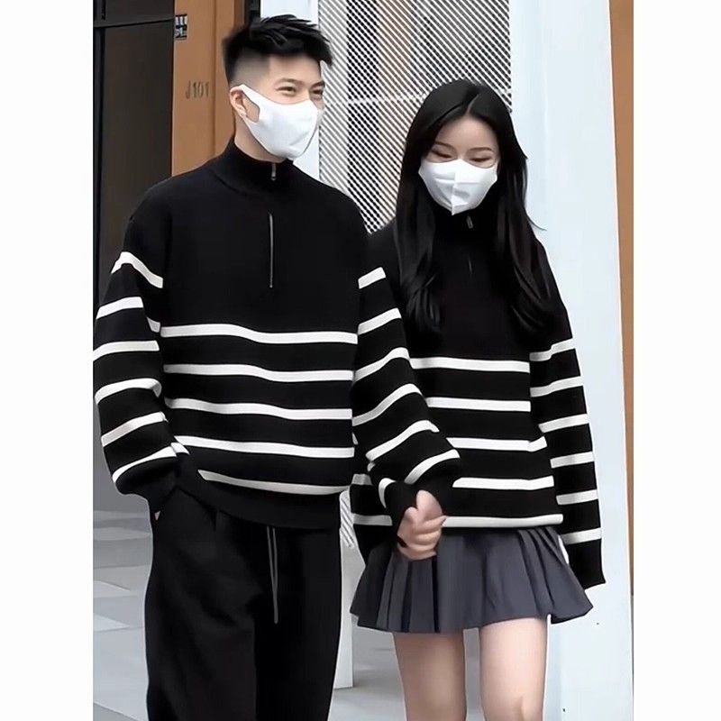 하프 지퍼 스트라이프 스웨터 남자 스탠드 칼라 가을 겨울 새로운 느긋한 고급 센스 루즈핏 풀오버 만나는 니트 스웨터 재킷
