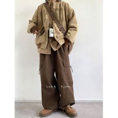 批发2026新款秋冬日系复古基础款咖啡色工装<b class='q'>裤</b>男女生阔腿宽松休闲<b class='q'>裤</b>子