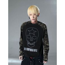 批发2026新款美式小众轻亚千禧骷髅头迷彩插肩袖长袖T恤打底衫男女秋