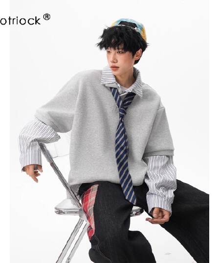 2026 새로운 페이크 레이어드 스트라이프 POLO 칼라 후드티 남녀 봄 가을 학원 스타일 루즈핏 긴팔 티셔츠 맨위