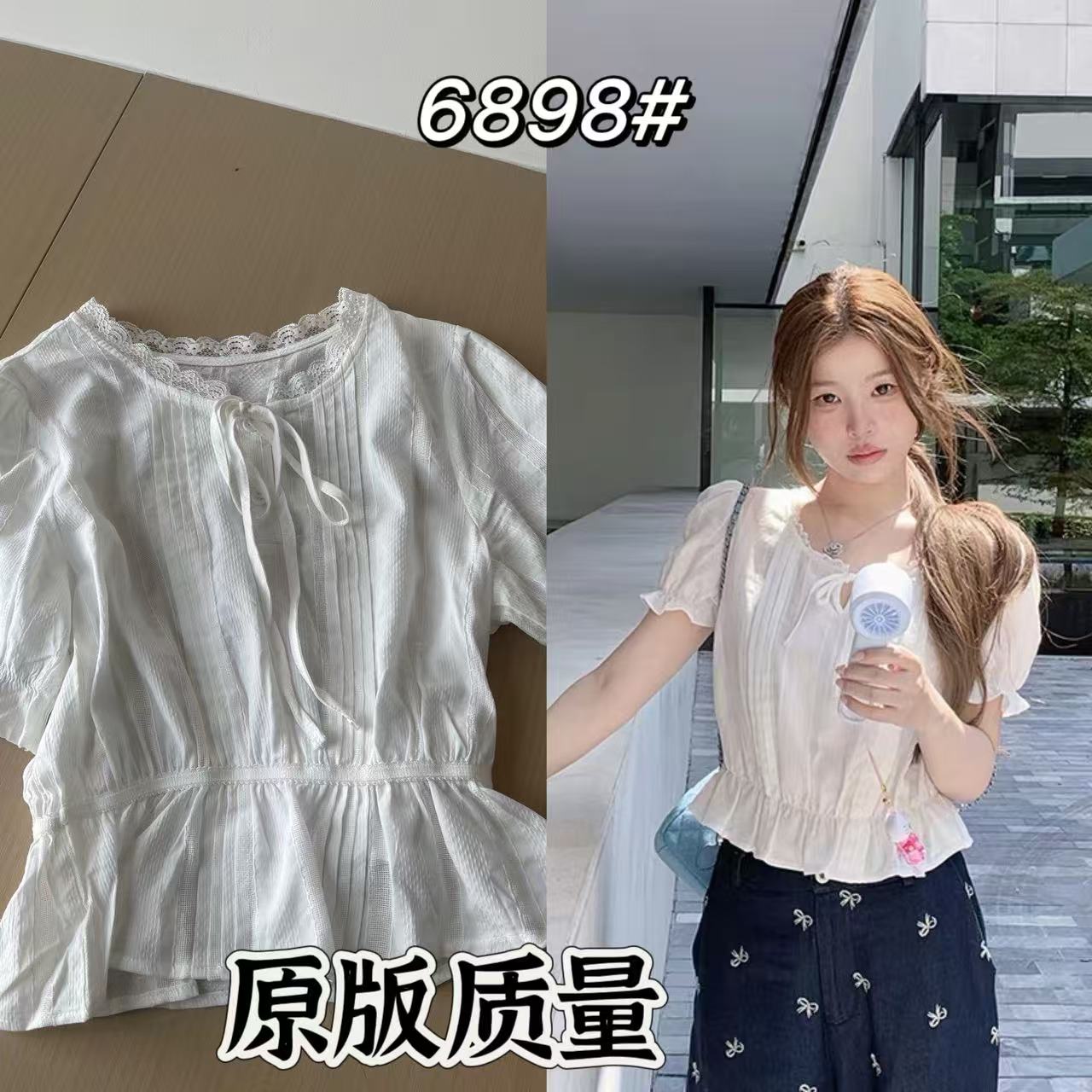 닝 부문 레이스 레이스 레이스업 긍정적 인 어깨 반팔 여성 셔츠 여름 새로운 한 부서 V넥 허리 수축 슬림해 보이는 맨위