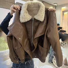 批发官图 美式秋冬复古皮毛一体毛毛短外套冬新款小个子pu皮衣机车服
