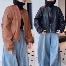 批发官图 甜酷立领PU皮衣外套2025秋冬新款高级感机车服夹克加绒上衣