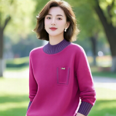 批发官图 秋冬季半高领套头针织衫内搭女<b class='q'>百搭</b>宽松拼色打底衫气质上衣
