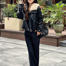 批发官图 简约风撞色拼接大翻领拉链外套2025<b class='q'>秋</b>冬新款皮毛一体上衣